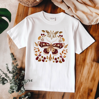 Moth and Flowers Tee, Brown Moth Shirt, Floral Nature T-Shirt, Hand Drawn Botanical Top, Boho Insect Tee, Unisex Cotton Shirt