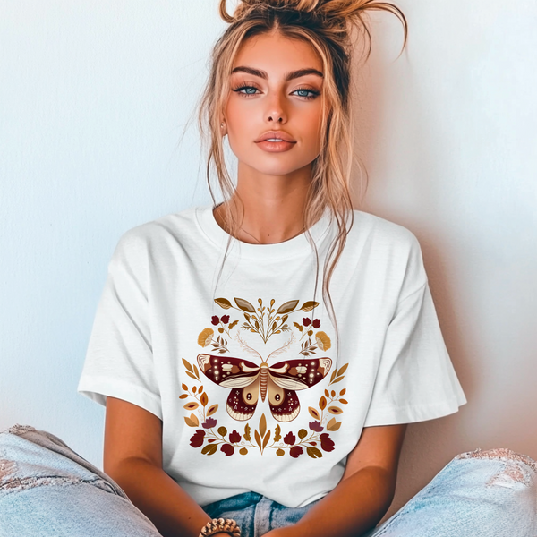 Moth and Flowers Tee, Brown Moth Shirt, Floral Nature T-Shirt, Hand Drawn Botanical Top, Boho Insect Tee, Unisex Cotton Shirt