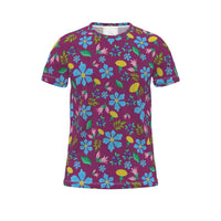 T-shirt with dandelions and wild flowers in dark pink