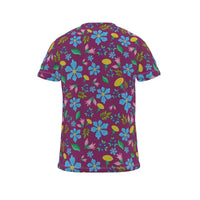 T-shirt with dandelions and wild flowers in dark pink