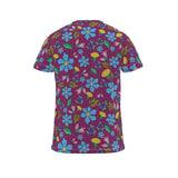 T-shirt with dandelions and wild flowers in dark pink