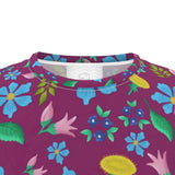 T-shirt with dandelions and wild flowers in dark pink