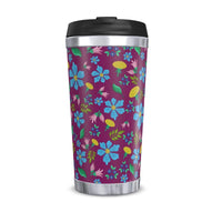 Wild flowers with dandelions travel flask in dark pink
