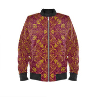 Mens bomber jacket in red and yellow ornamental pattern