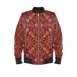 Mens bomber jacket in red and yellow ornamental pattern