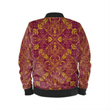Mens bomber jacket in red and yellow ornamental pattern
