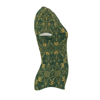 Slim Fit T-shirt in Green Yellow Ornamental Pattern