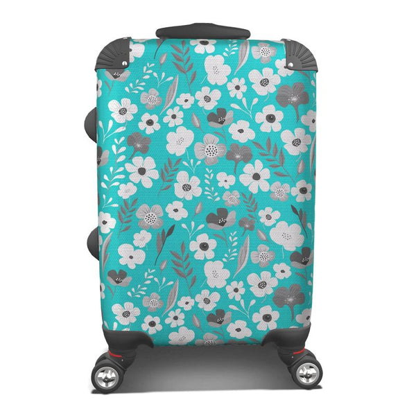 Turquoise Grey Floral Herbage Travel Suitcase, Cabin or Mini